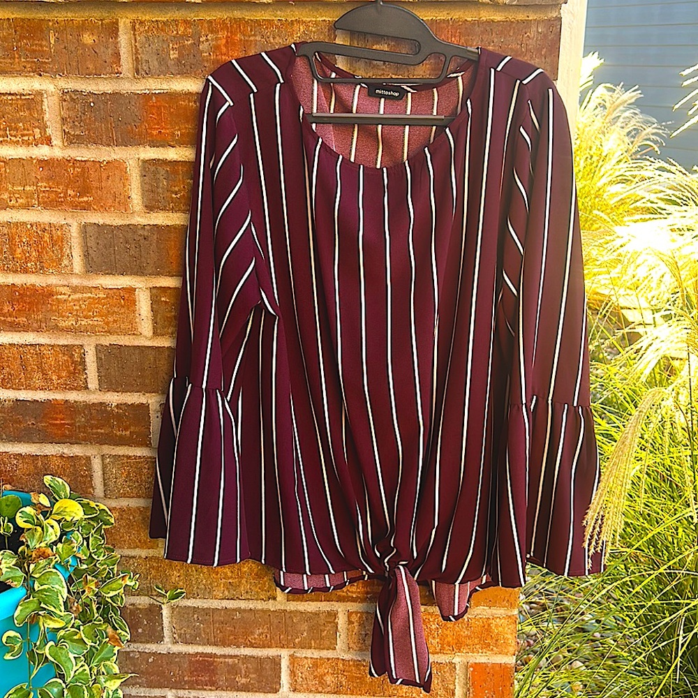 Mittoshop Ladies XL Burgundy w/white & black striped front tie blouse
